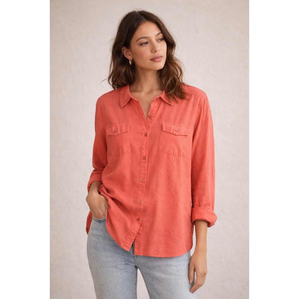 Kim Rogers Woman Coral Pink 100% Linen Button Down Shirt Plus Size 2X Pocketed